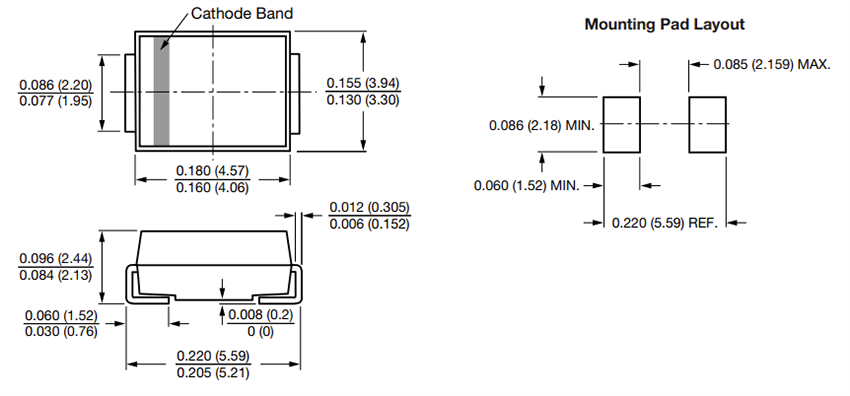 Mechanical Drawing - Vishay General Semiconductor SxBx Surface-Mount Glass Passivated Rectifiers Mechanical Drawing - Vishay General Semiconductor SxBx Surface-Mount Glass Passivated Rectifiers
